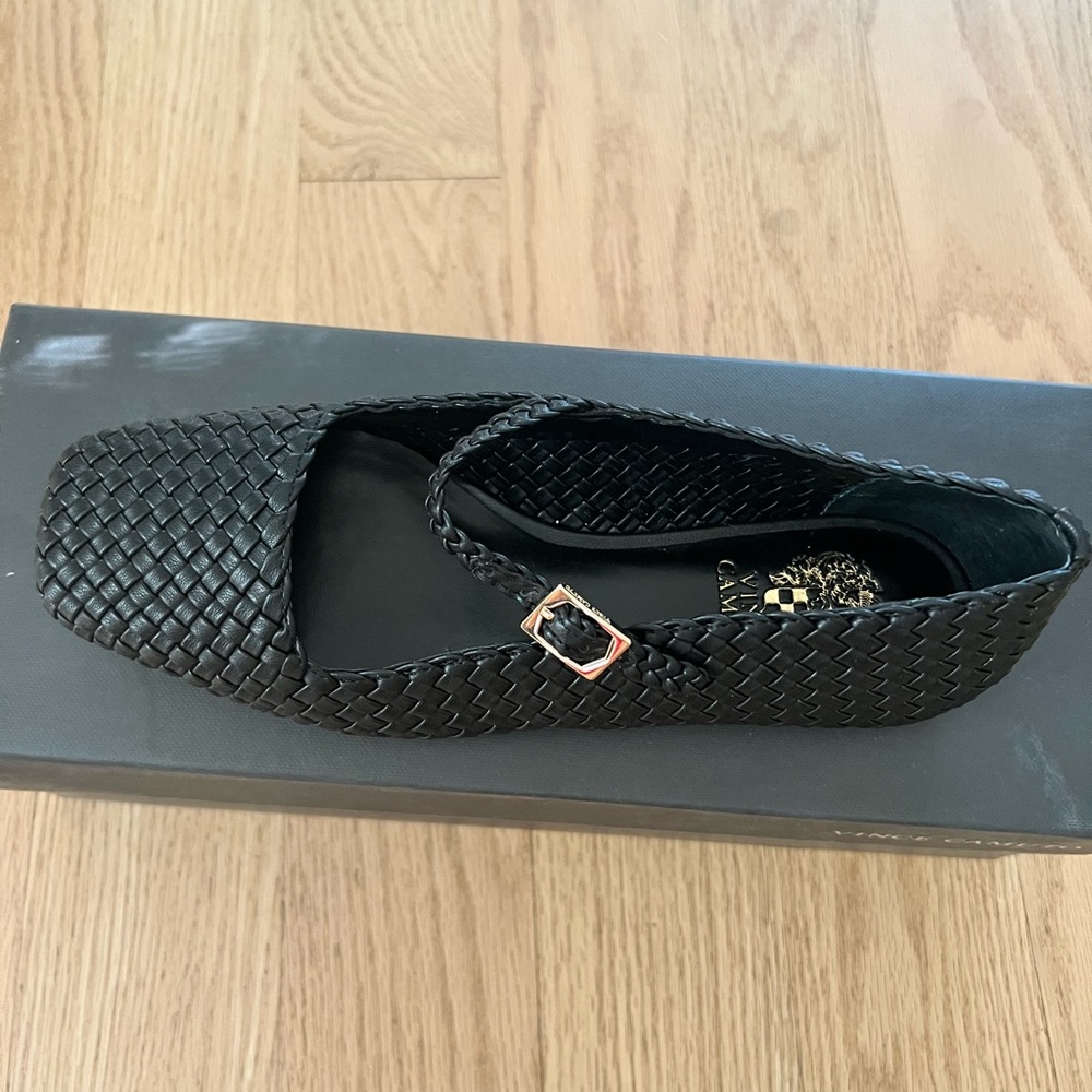 Size 5 Vince Camuto Black Woven Flats with Gold Buckle